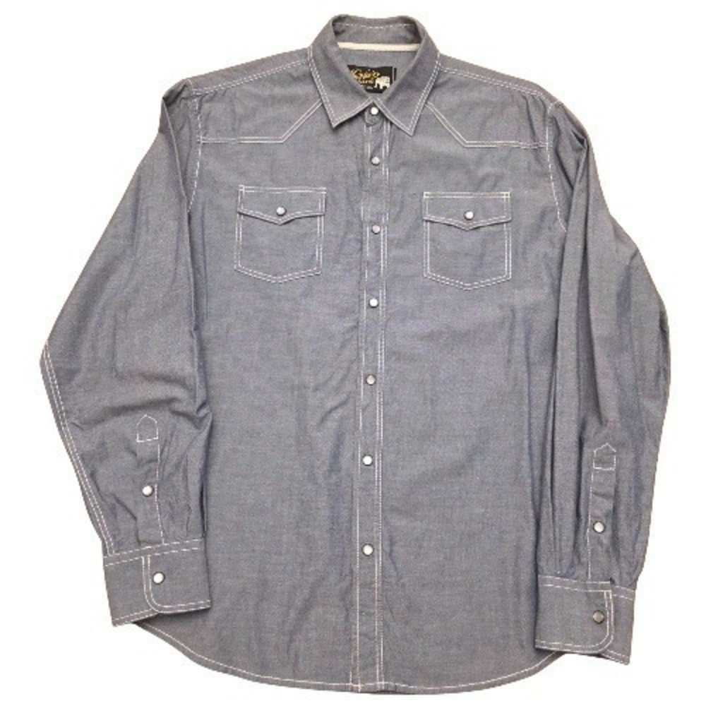 Dukes Bark Pearl Snap Button Shirt Mens L Chambray Western Trucker Thick Stitch